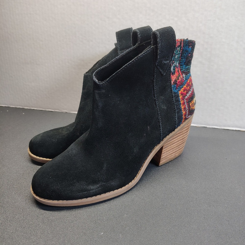 TOMS Ankle Boots Women 6 Black Suede Woven Tapestry Heel Bohemian Bootie